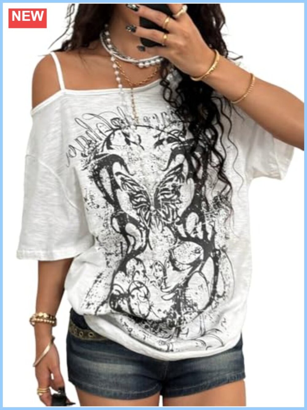 Y2K Grunge Off Shoulder Drop Shoulder T-Shirt Emo 2000s Baggy Top